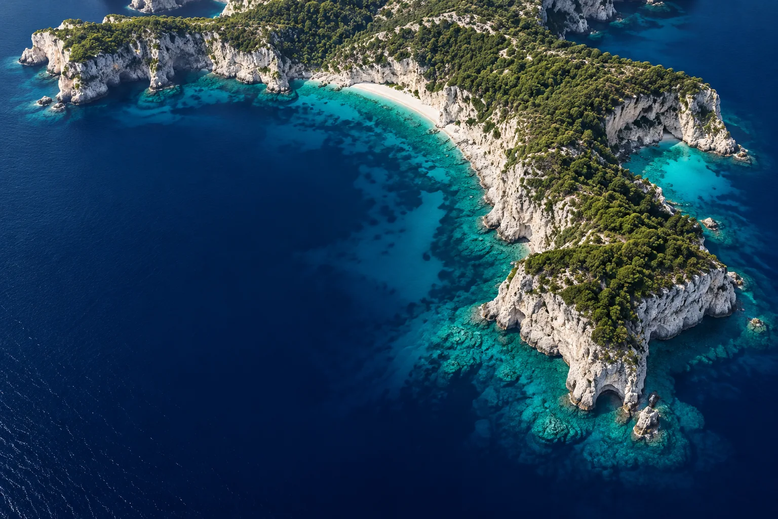 Conceptual aerial coastline with turquoise water and a green island